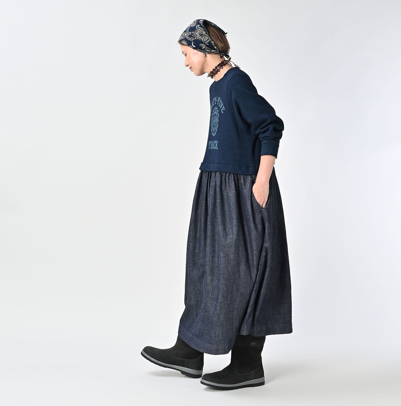 45R Indigo Cotton Fleece Denim Dress