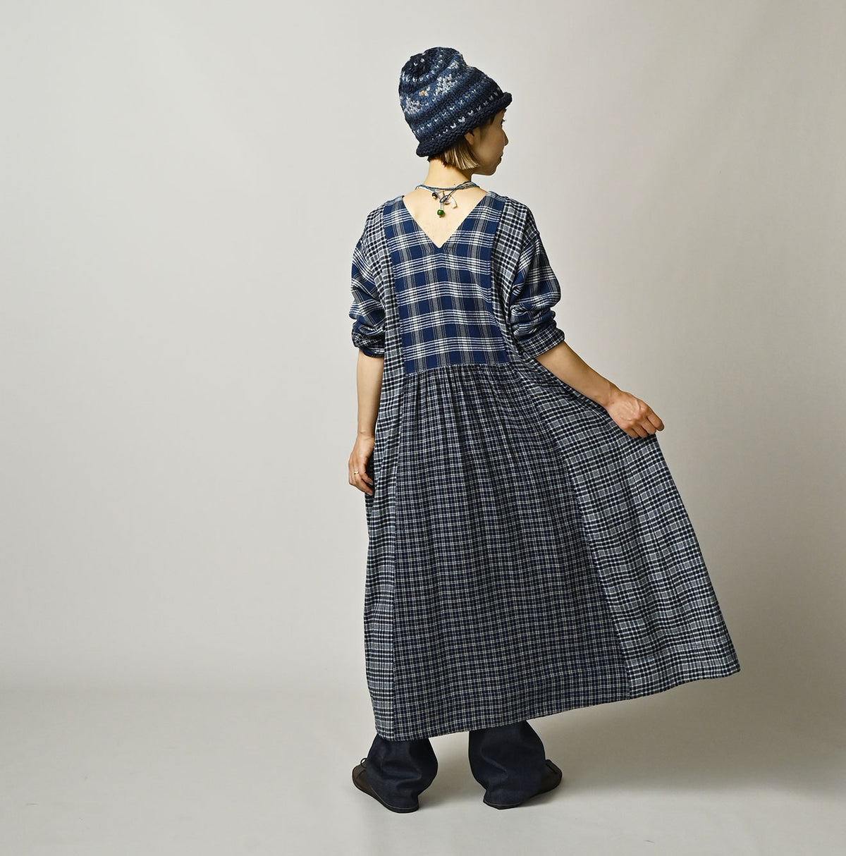 45R Ai Indigo Flannel Mix Patchwork Dress