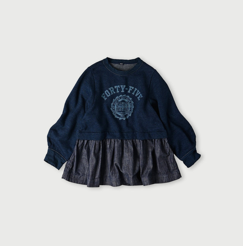 45R Indigo Cotton Fleece Denim Puff Sleeve T-shirt
