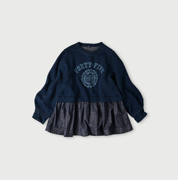 45R Indigo Cotton Fleece Denim Puff Sleeve T-shirt