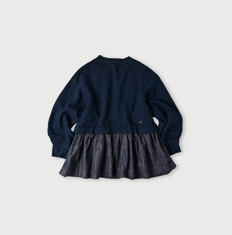 45R Indigo Cotton Fleece Denim Puff Sleeve T-shirt