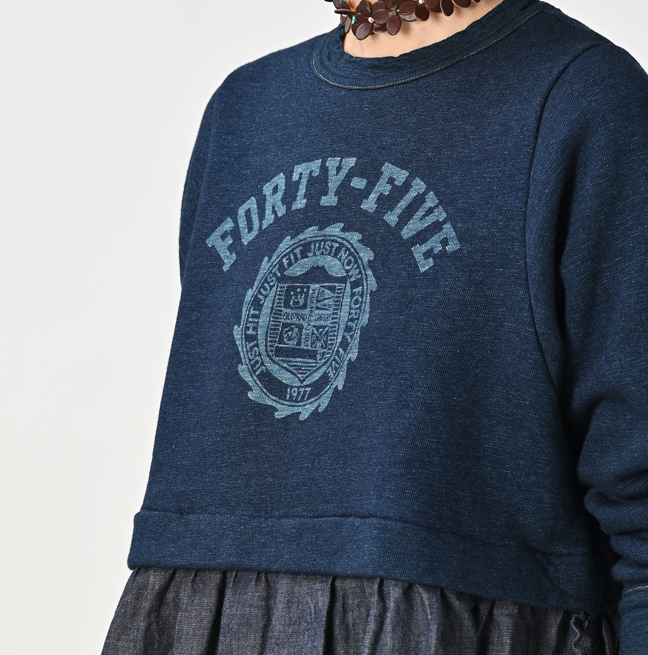 45R Indigo Cotton Fleece Denim Puff Sleeve T-shirt
