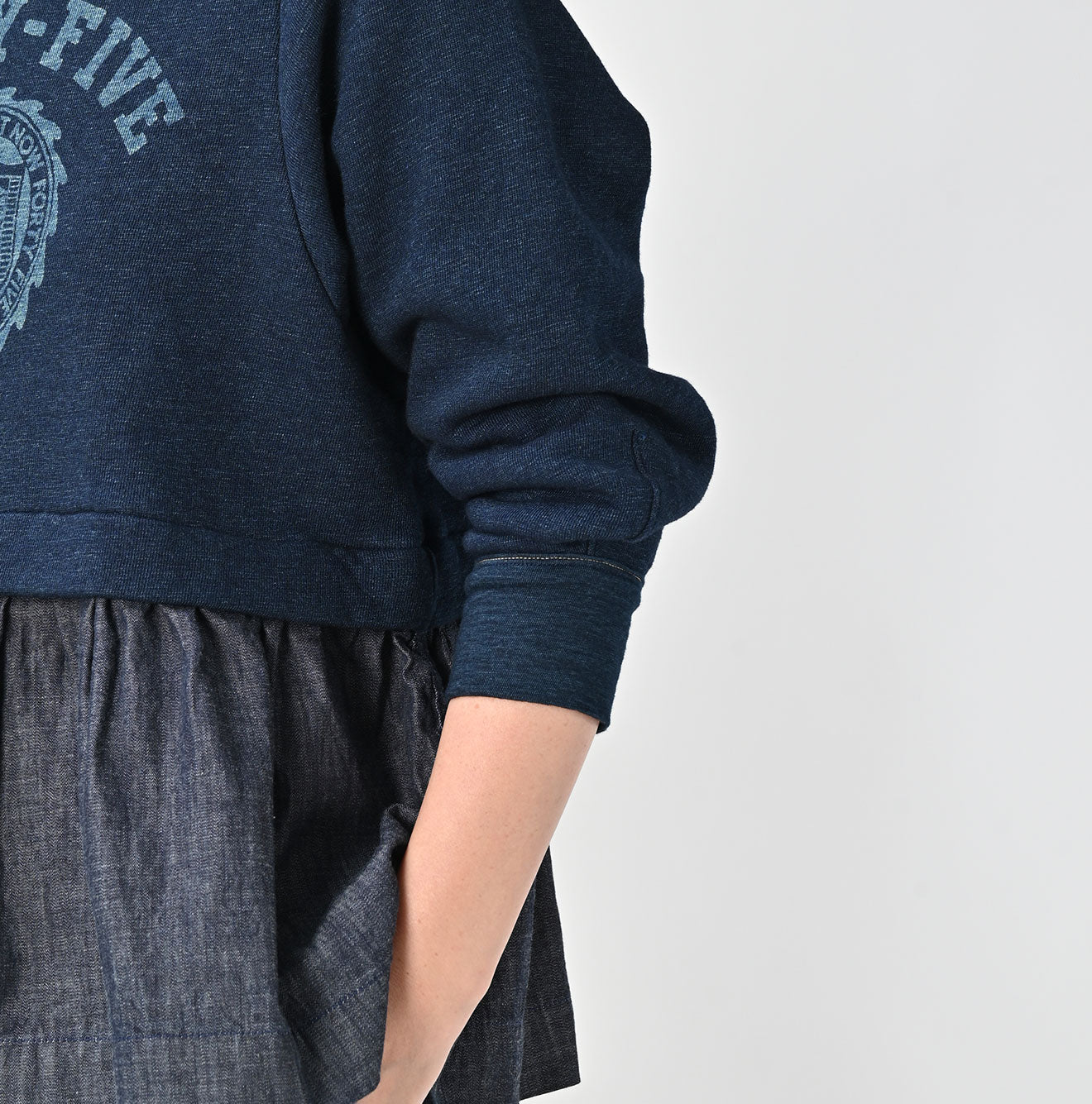45R Indigo Cotton Fleece Denim Puff Sleeve T-shirt