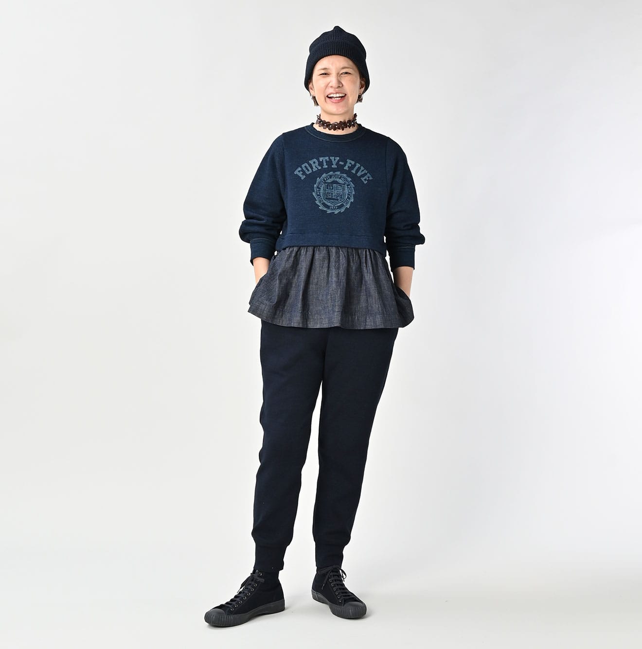 45R Indigo Cotton Fleece Denim Puff Sleeve T-shirt