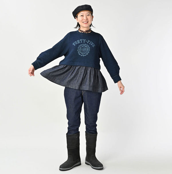 Indigo Cotton Fleece Denim Puff Sleeve T-shirt