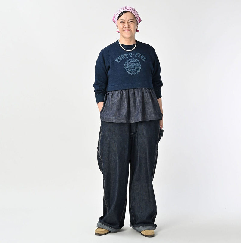 Indigo Cotton Fleece Denim Puff Sleeve T-shirt