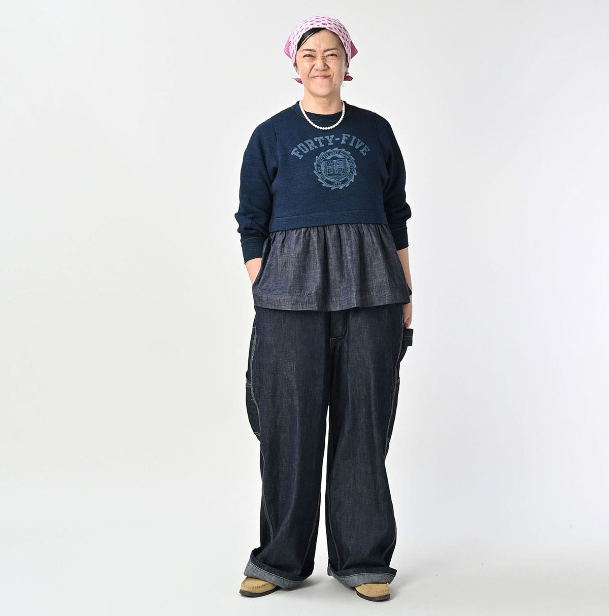 Indigo Cotton Fleece Denim Puff Sleeve T-shirt