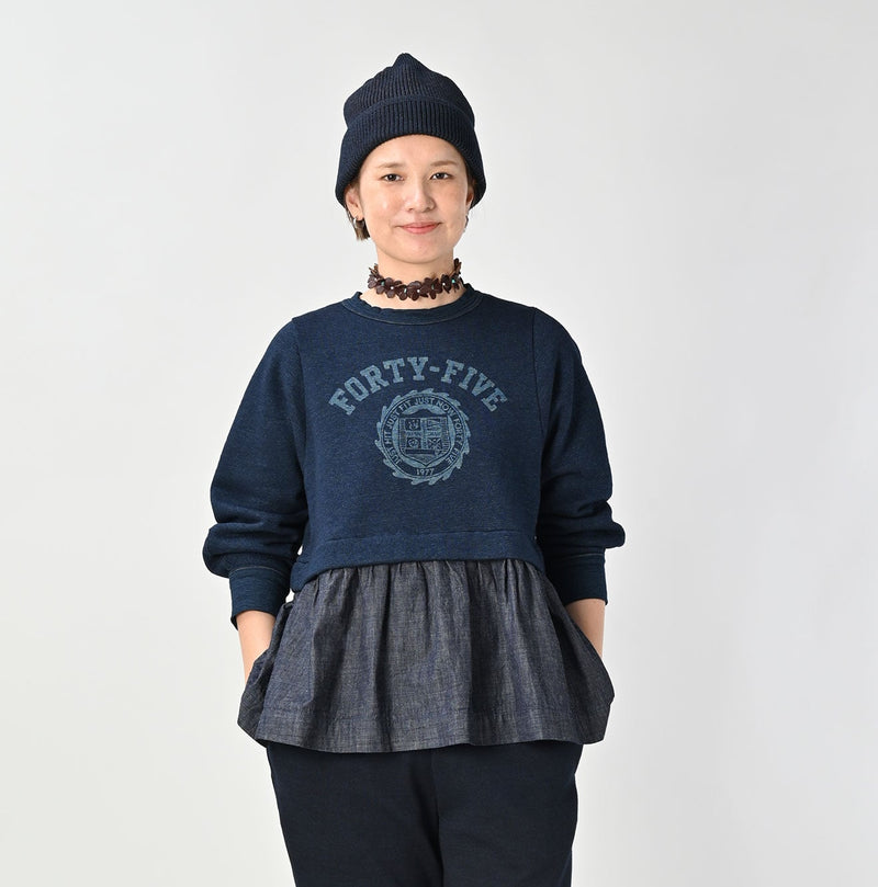 45R Indigo Cotton Fleece Denim Puff Sleeve T-shirt