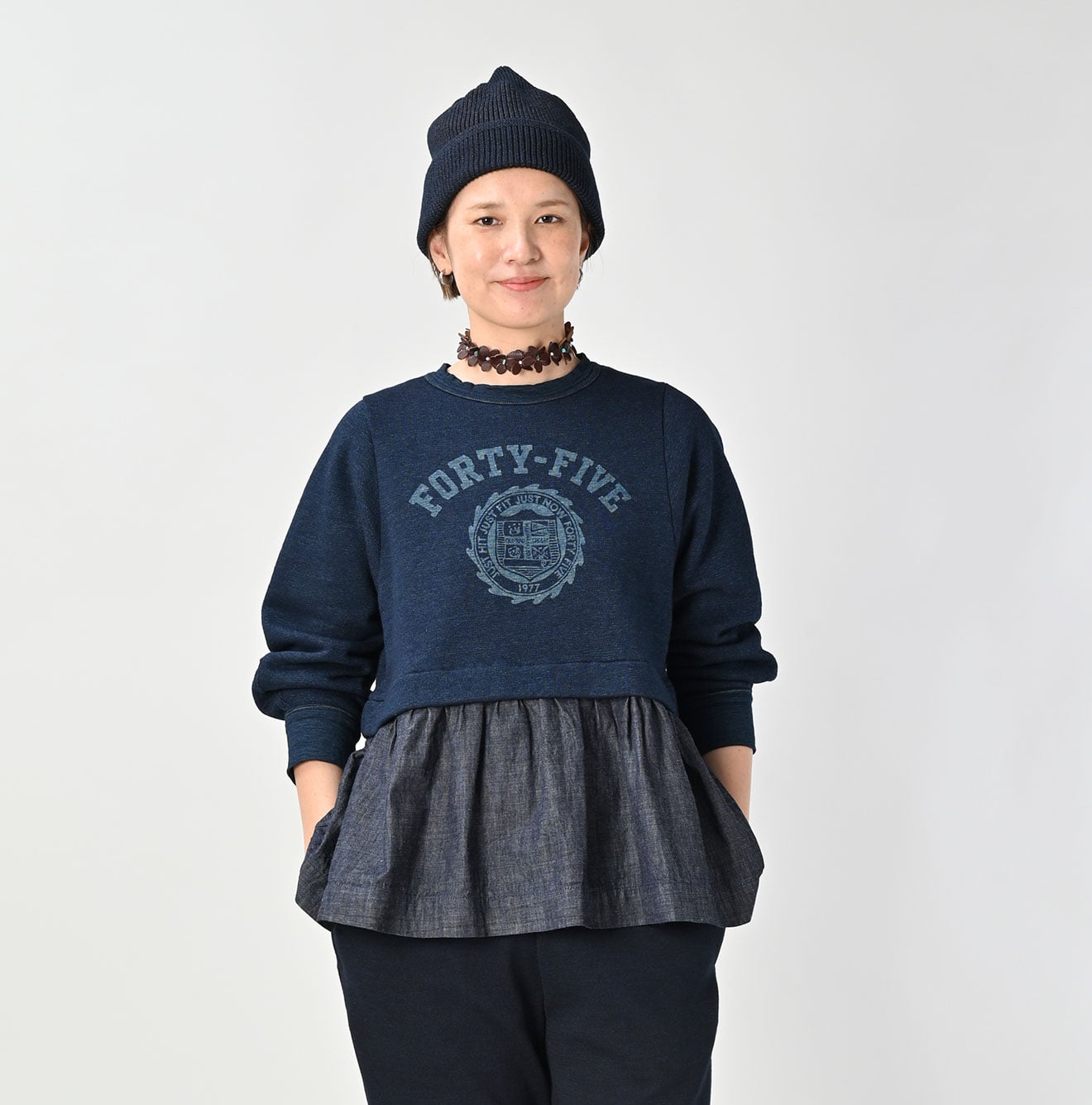45R Indigo Cotton Fleece Denim Puff Sleeve T-shirt