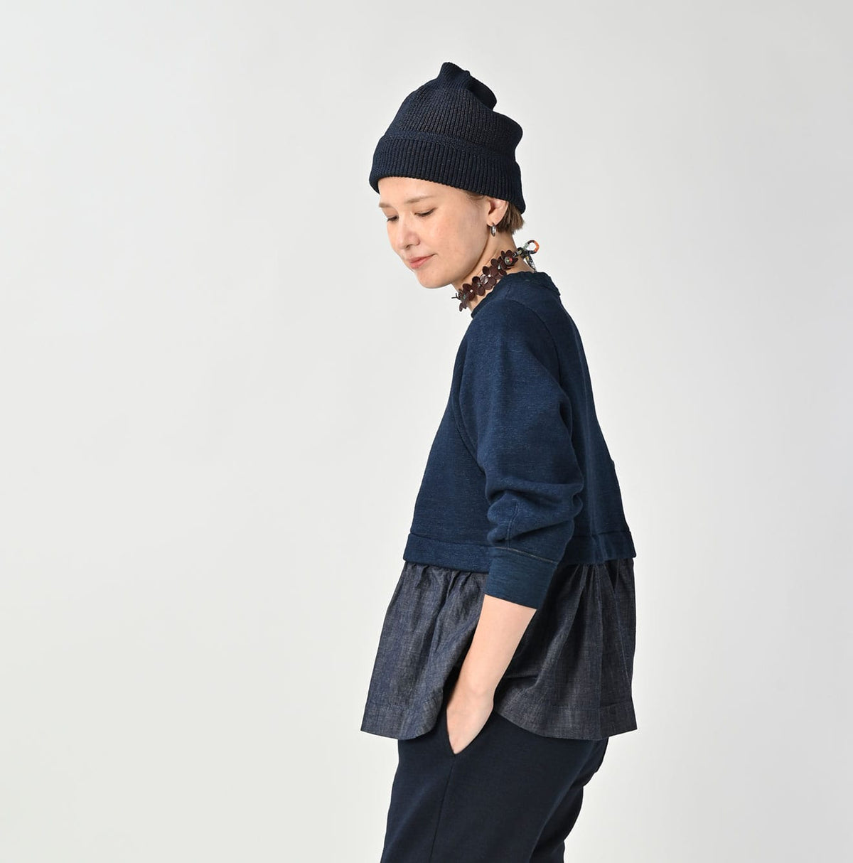 45R Indigo Cotton Fleece Denim Puff Sleeve T-shirt