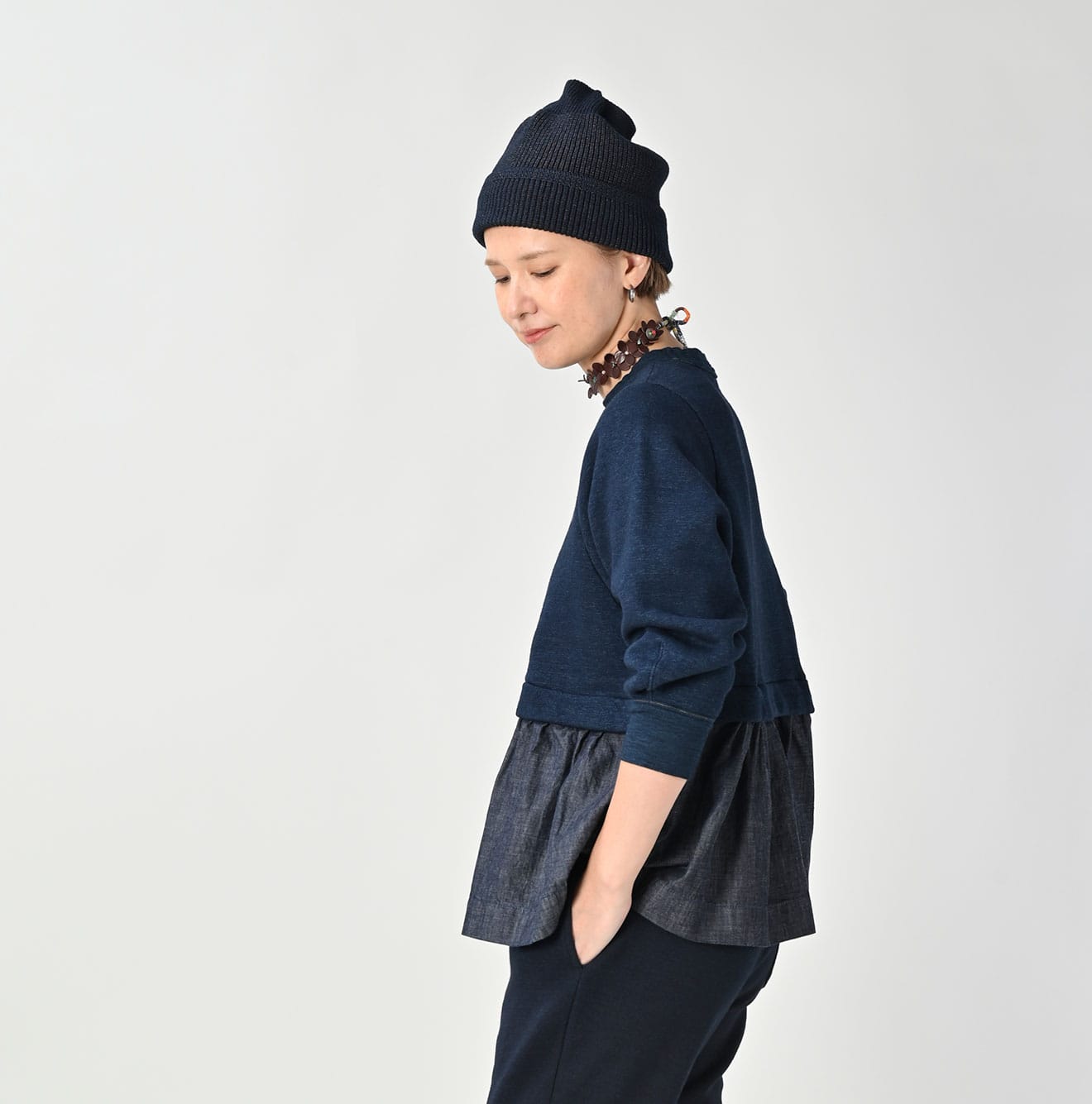 45R Indigo Cotton Fleece Denim Puff Sleeve T-shirt