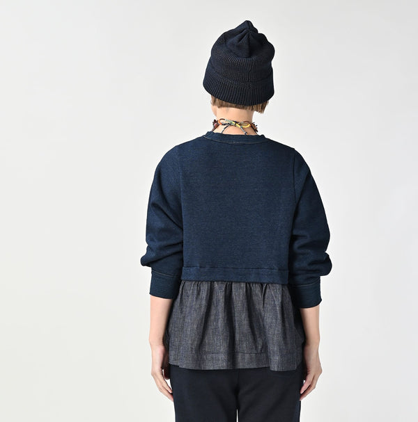 45R Indigo Cotton Fleece Denim Puff Sleeve T-shirt