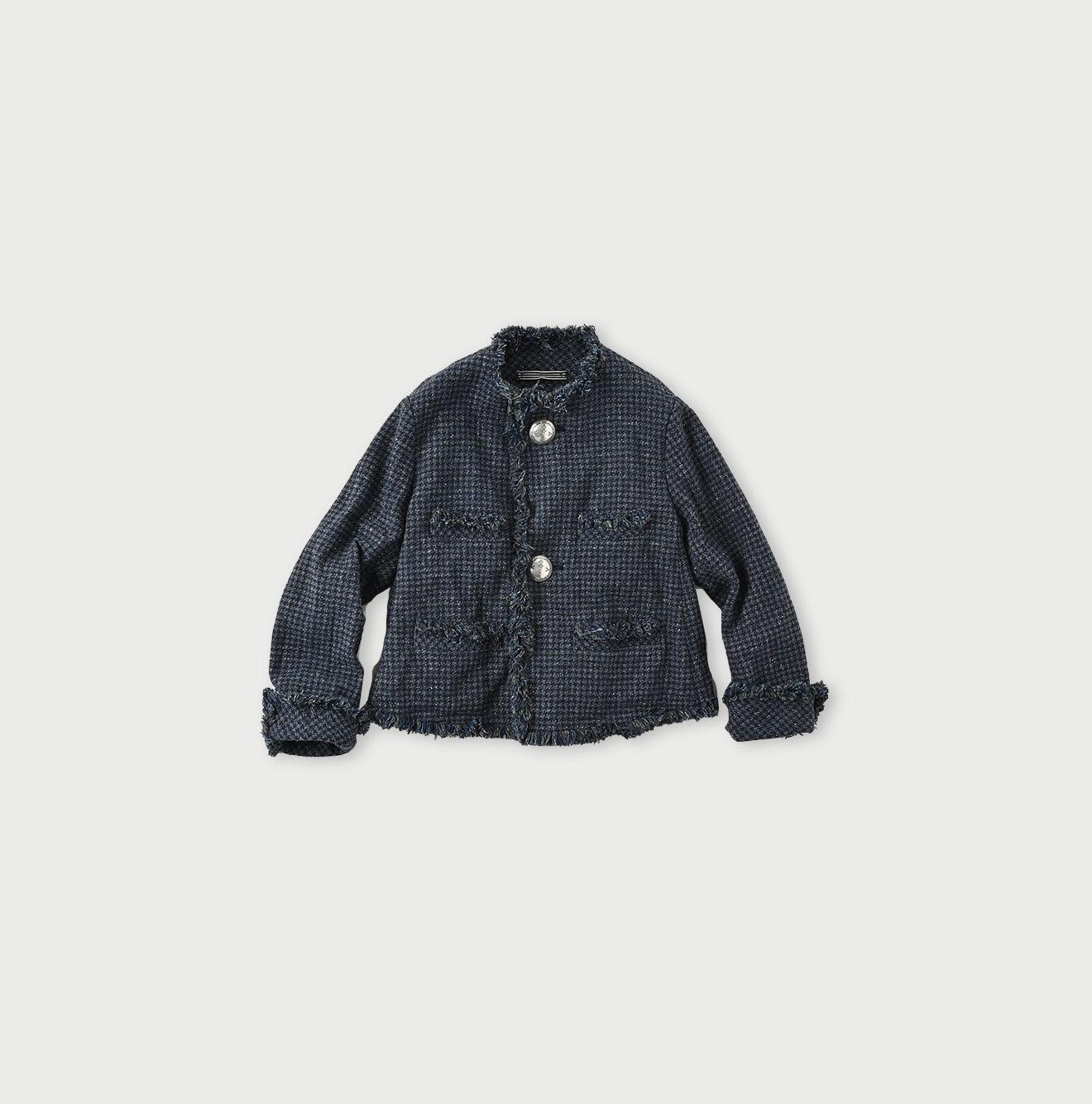 Indigo Cotton Tweed Fringe Jacket