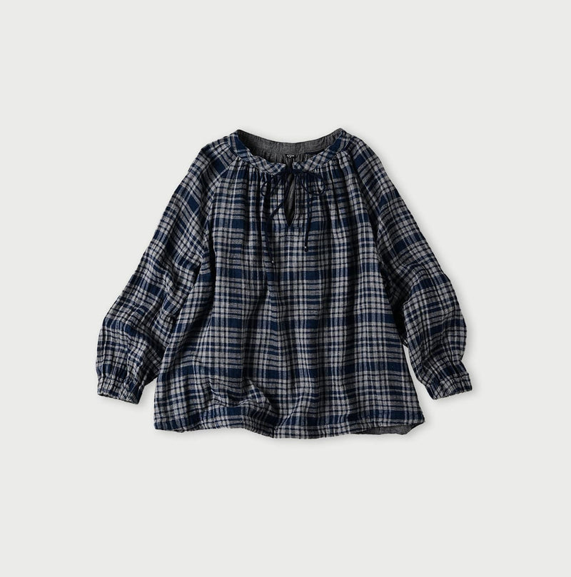 45R Indigo Fuwafuwa Double Woven Shirring Blouse