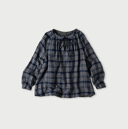 45R Indigo Fuwafuwa Double Woven Shirring Blouse