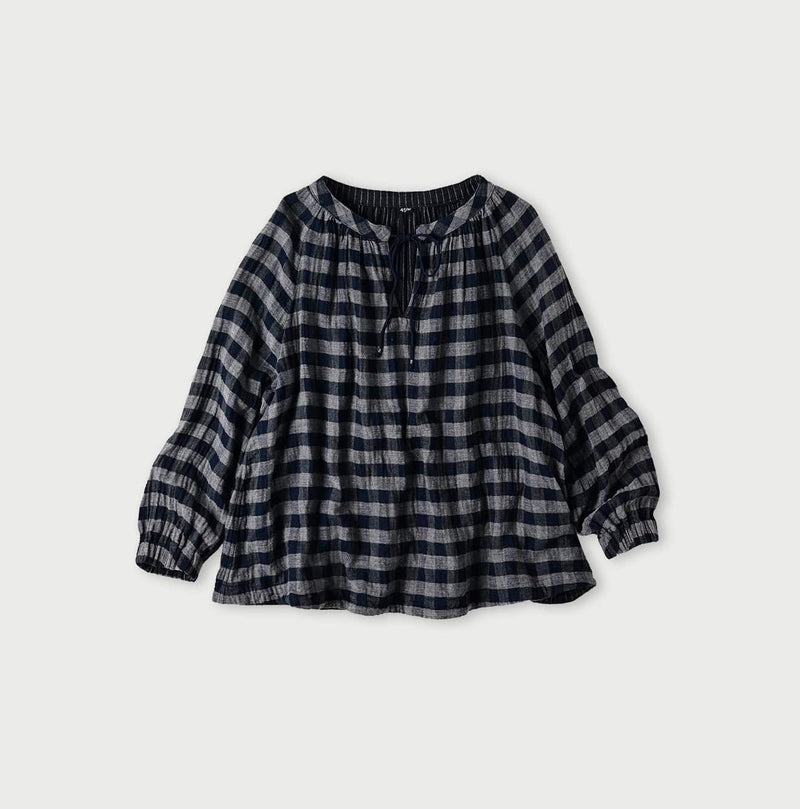 45R Indigo Fuwafuwa Double Woven Shirring Blouse