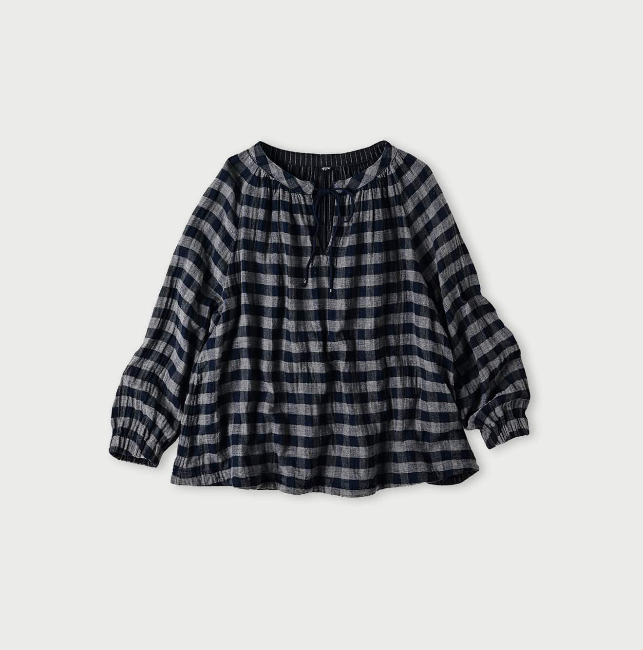45R Indigo Fuwafuwa Double Woven Shirring Blouse