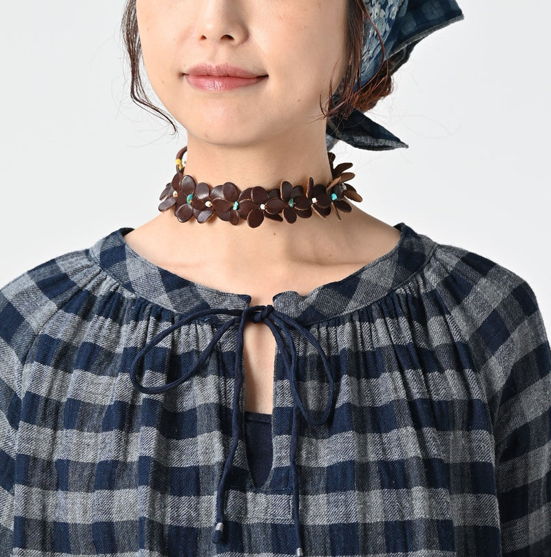 45R Indigo Fuwafuwa Double Woven Shirring Blouse