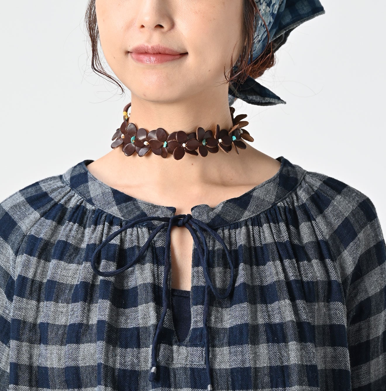 45R Indigo Fuwafuwa Double Woven Shirring Blouse