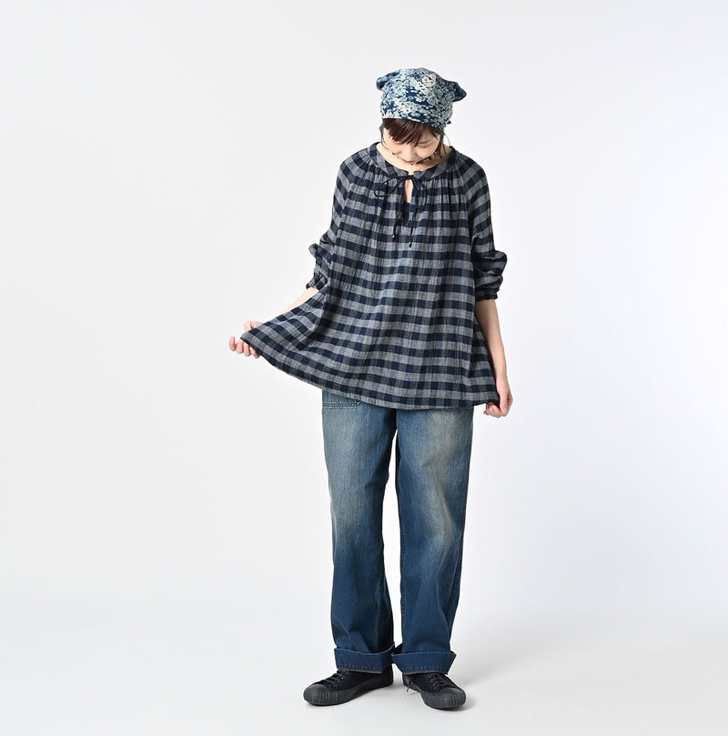 45R Indigo Fuwafuwa Double Woven Shirring Blouse