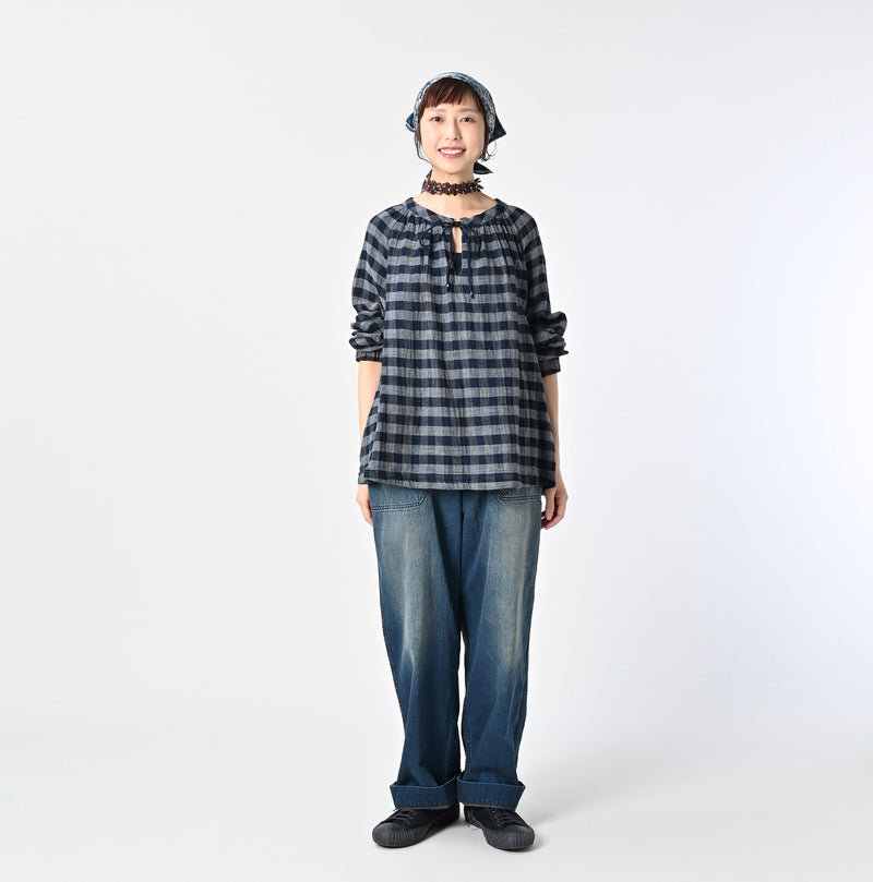 45R Indigo Fuwafuwa Double Woven Shirring Blouse