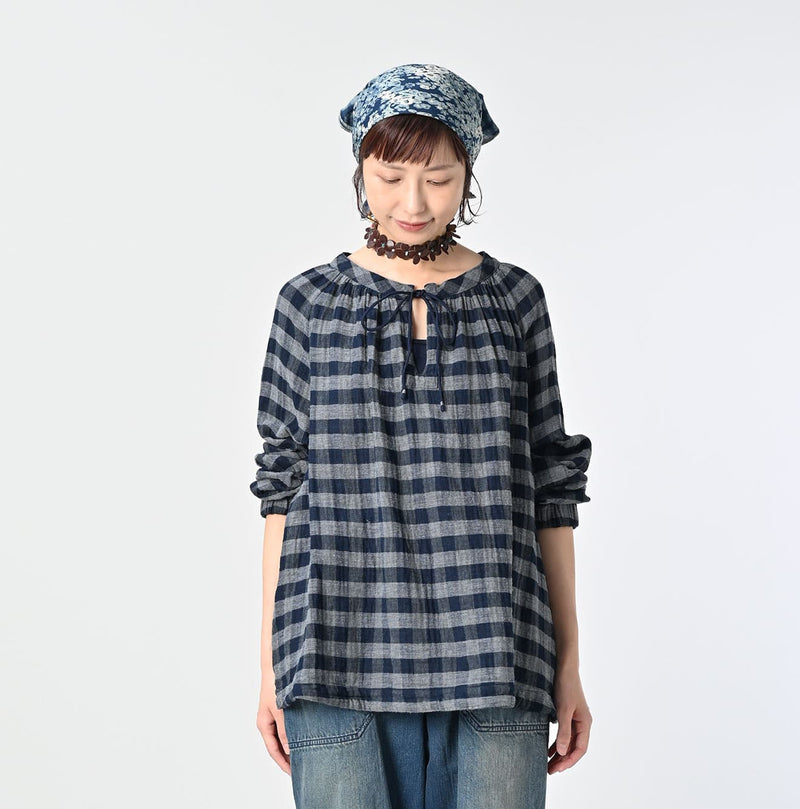 45R Indigo Fuwafuwa Double Woven Shirring Blouse