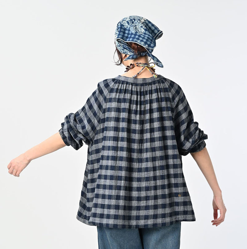 45R Indigo Fuwafuwa Double Woven Shirring Blouse