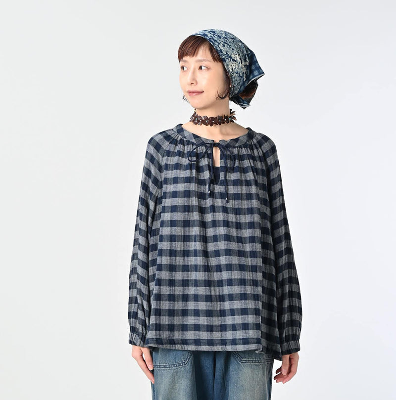 45R Indigo Fuwafuwa Double Woven Shirring Blouse