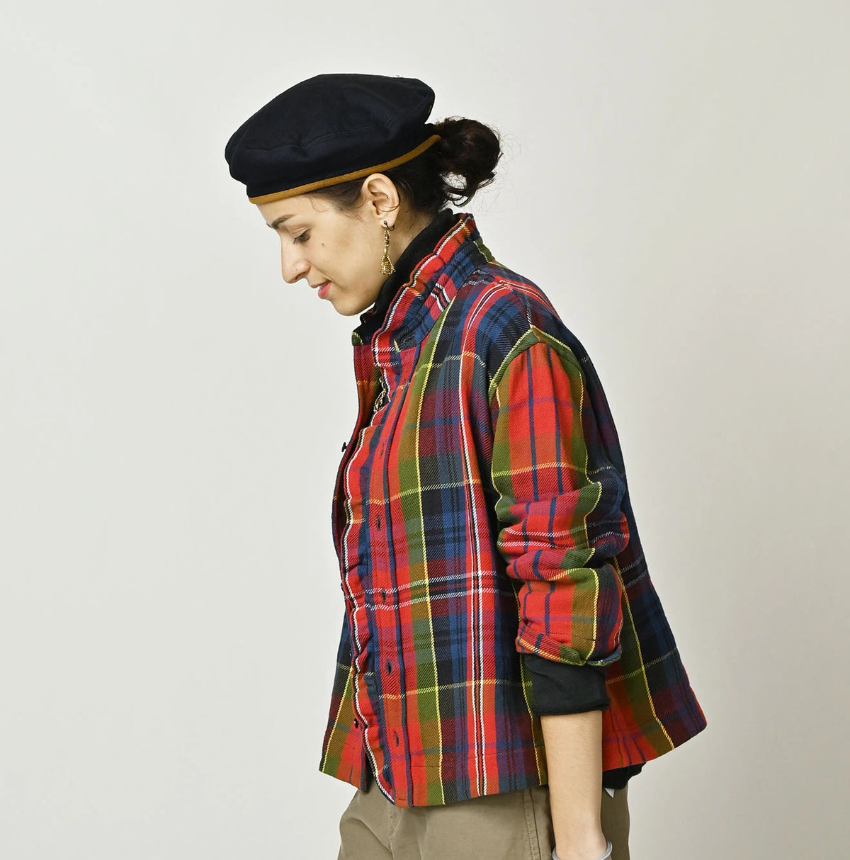 45R India Tartan Check Frill Square Blouse