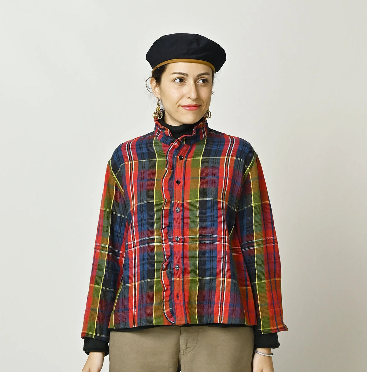 45R India Tartan Check Frill Square Blouse - Image 8