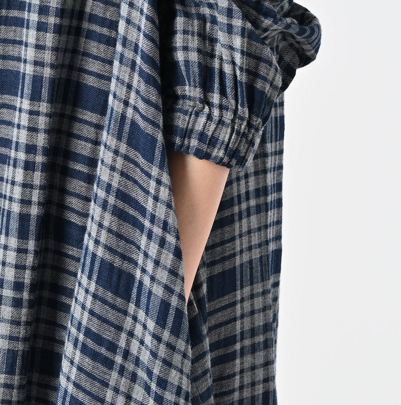 45R Indigo Fuwauwa Double Woven Shirring Dress