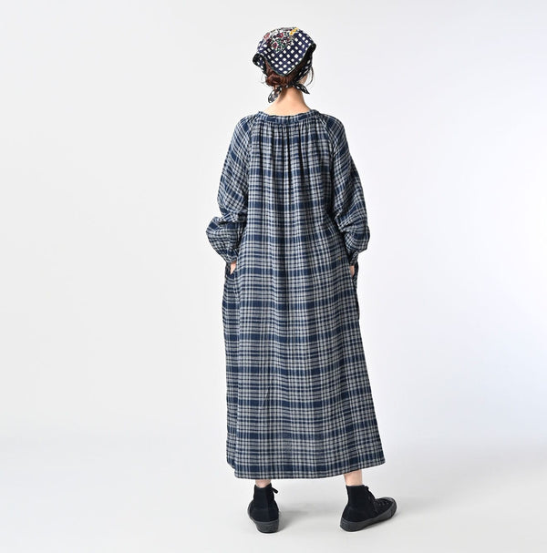 45R Indigo Fuwauwa Double Woven Shirring Dress
