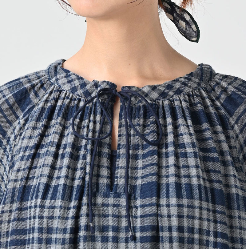 45R Indigo Fuwauwa Double Woven Shirring Dress