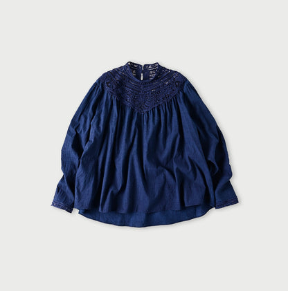 45R Ai Indigo Dungaree Khadi Ribbon Lace Blouse