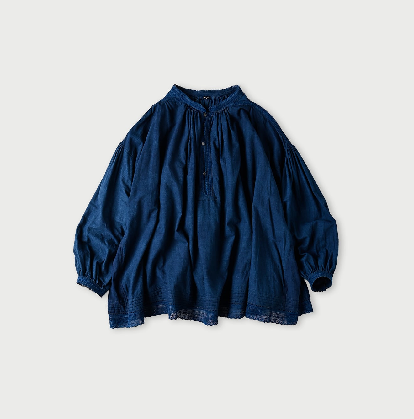 45R Ai Indigo Khadi Lace Tuck Smocking Blouse