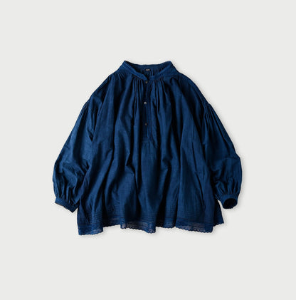 45R Ai Indigo Khadi Lace Tuck Smocking Blouse