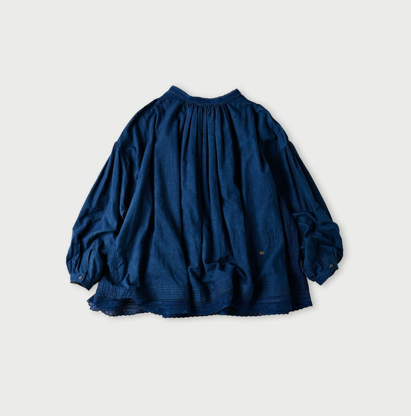 45R Ai Indigo Khadi Lace Tuck Smocking Blouse