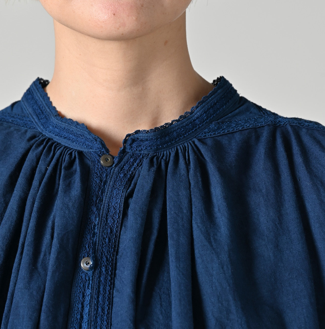 45R Ai Indigo Khadi Lace Tuck Smocking Blouse