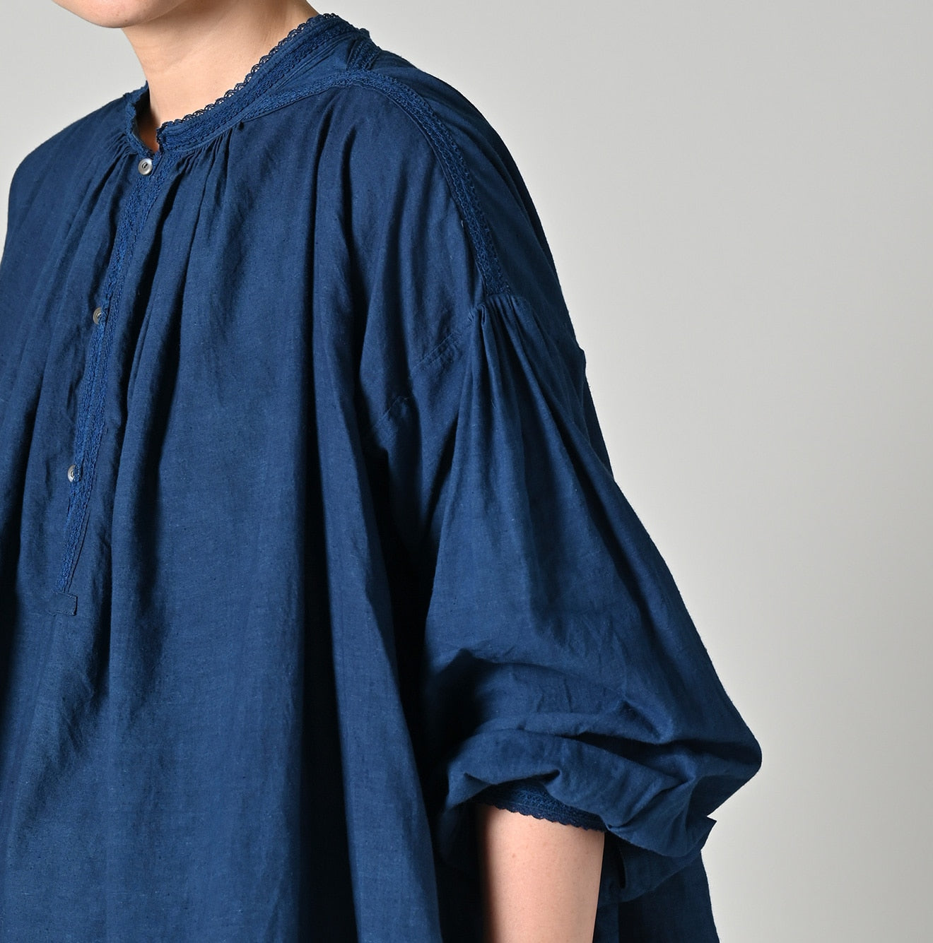45R Ai Indigo Khadi Lace Tuck Smocking Blouse