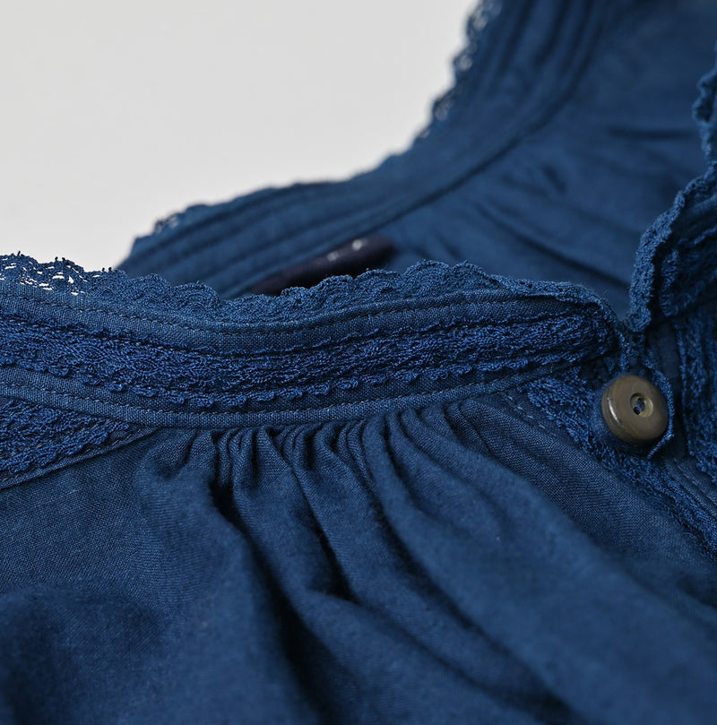 45R Ai Indigo Khadi Lace Tuck Smocking Blouse