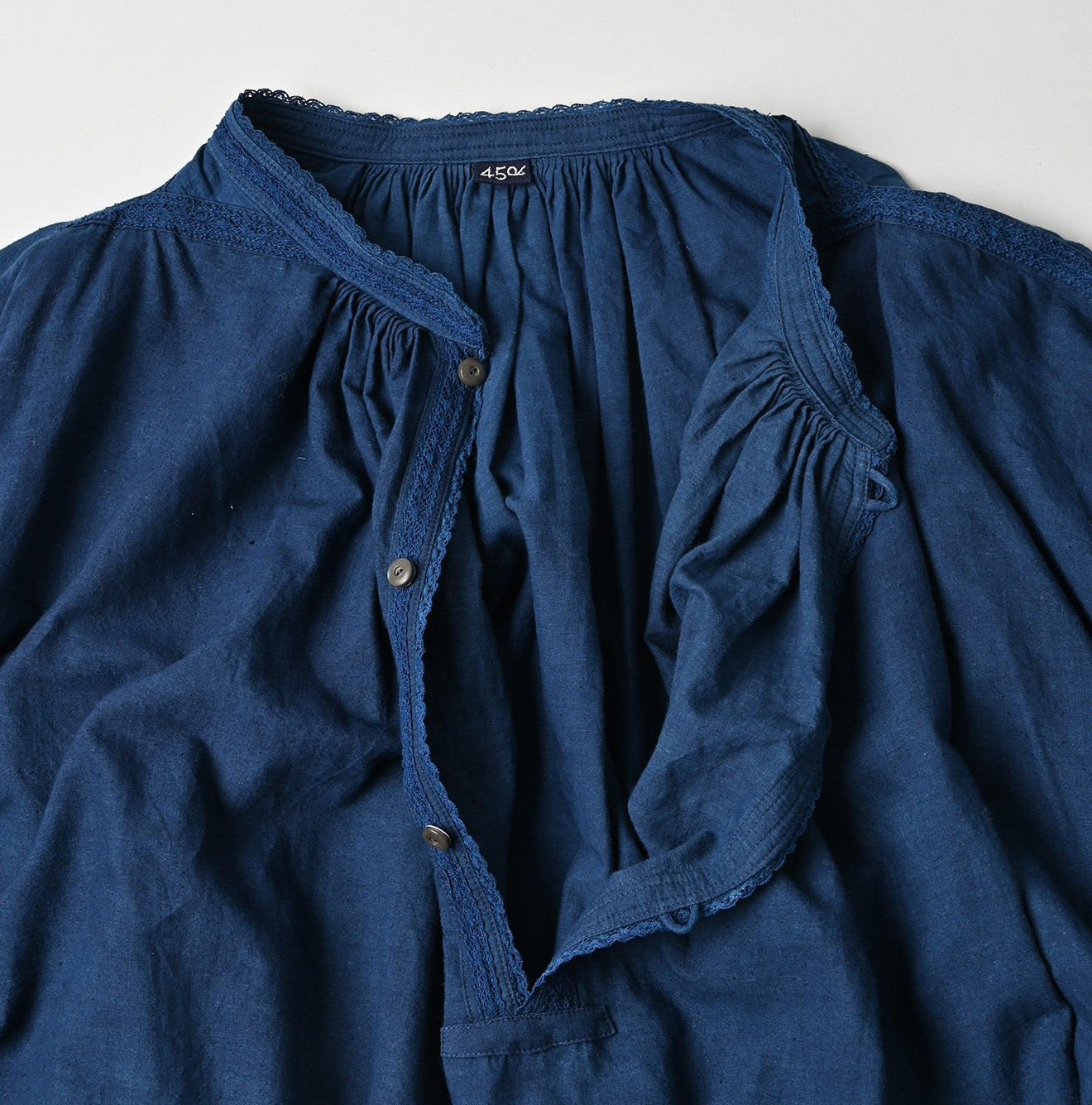 45R Ai Indigo Khadi Lace Tuck Smocking Blouse