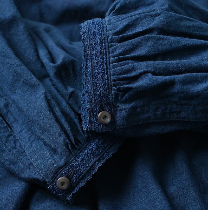 45R Ai Indigo Khadi Lace Tuck Smocking Blouse
