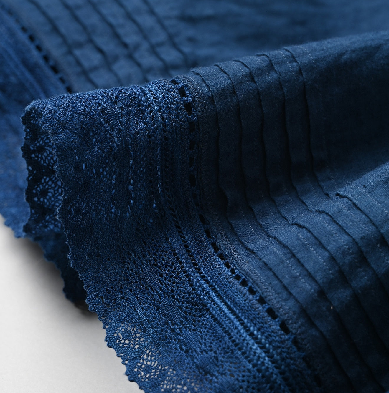 45R Ai Indigo Khadi Lace Tuck Smocking Blouse