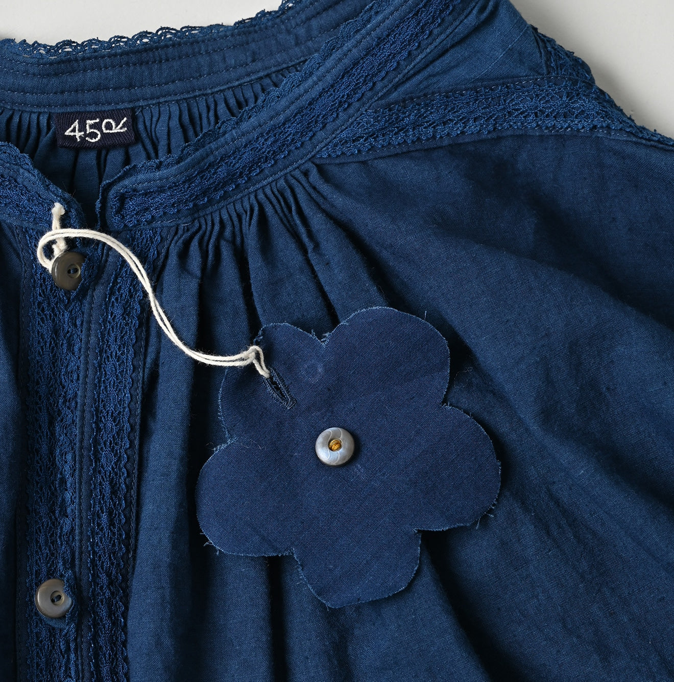 45R Ai Indigo Khadi Lace Tuck Smocking Blouse