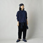 45R Ai Indigo Khadi Stand Collar Lace Square Blouse
