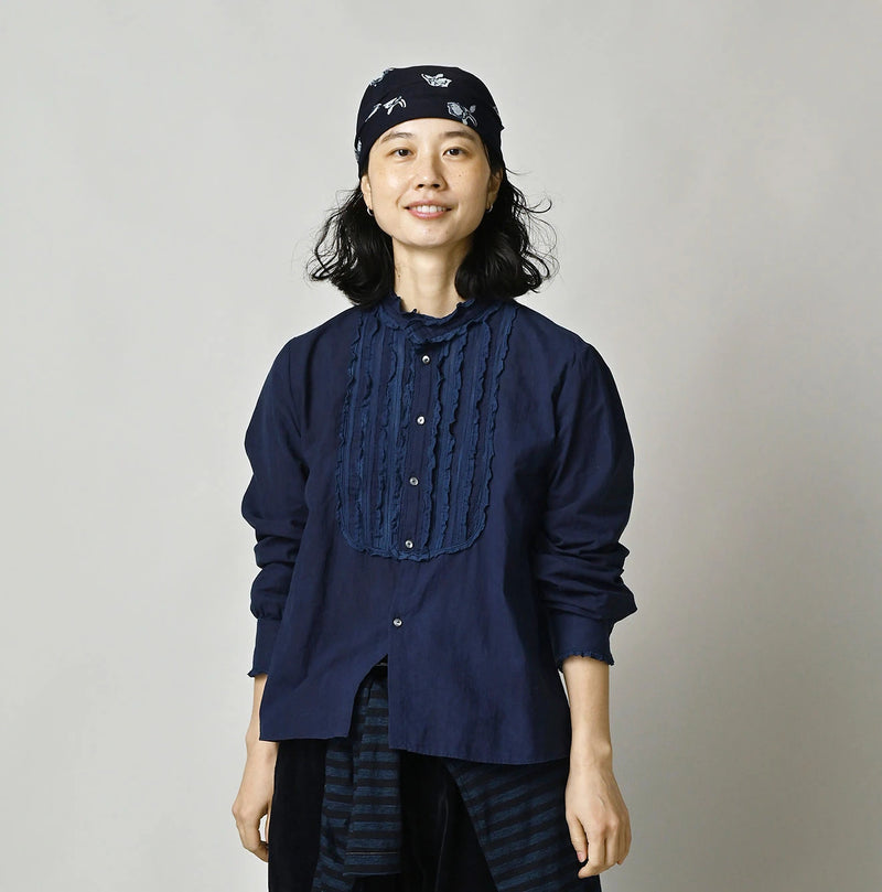 45R Ai Indigo Khadi Stand Collar Lace Square Blouse - Image 4