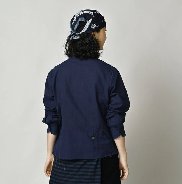 45R Ai Indigo Khadi Stand Collar Lace Square Blouse