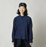 45R Ai Indigo Khadi Stand Collar Lace Square Blouse
