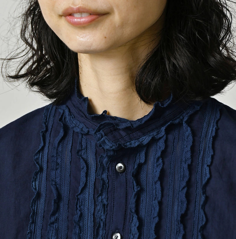 45R Ai Indigo Khadi Stand Collar Lace Square Blouse - Image 8