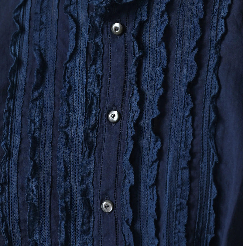 45R Ai Indigo Khadi Stand Collar Lace Square Blouse - Image 9
